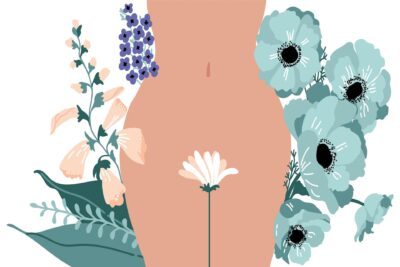 An illustration of a woman's torso is surrounded by various blossoms, including blue and white blooms with purple accents, symbolizing natural beauty, femininity, and women's health. The flowers are artfully arranged around the figure to suggest vitality and well-being.