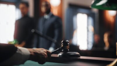 A close-up of a judge's hand holding a gavel in a courtroom reflects the importance of HR laws and best practices. The blurred background shows two people standing, one in a suit. The setting is formal, with wood paneling and soft lighting, emphasizing order and authority.