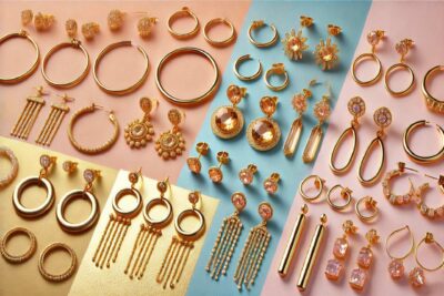 A colorful background showcases an array of real gold earrings in various designs, including hoops, studs, and dangly earrings. Perfect for a daily look, these pieces are arranged in rows to highlight their intricate patterns and sparkling details, exuding effortless elegance.