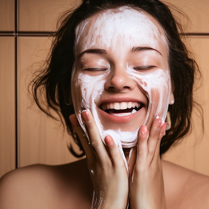 A person smiles joyfully while applying a foamy facial cleanser to their face, standing in a bathroom with tiled walls. Their eyes are closed, embodying the essence of Bare-Faced Brilliance and conveying a sense of relaxation and enjoyment.