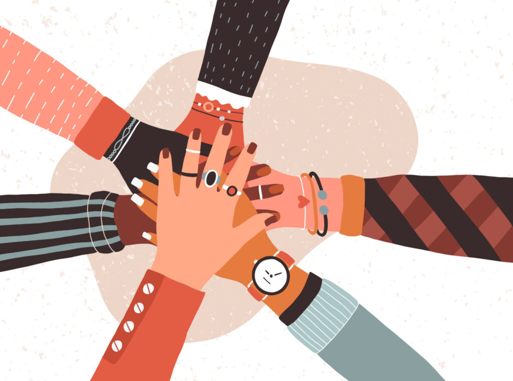 Illustration of six diverse hands stacked together, symbolizing unity and teamwork. Each hand, representing a leader, showcases unique accessories like rings, bracelets, and a watch. The different skin tones and sleeve designs on a textured background emphasize diversity in being in charge.