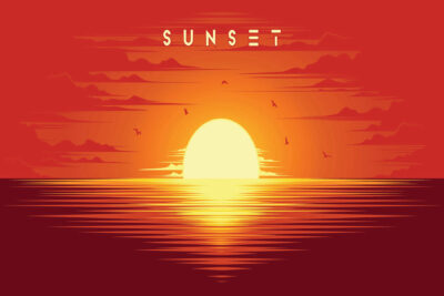 Illustration of a vibrant sunset over a calm ocean, with the sun partially below the horizon. Birds are silhouetted against an orange sky, and the word SUNSET is displayed above, inviting you to supercharge your wanderlust and envision destinations where travel rewards turn sunsets into unforgettable memories.