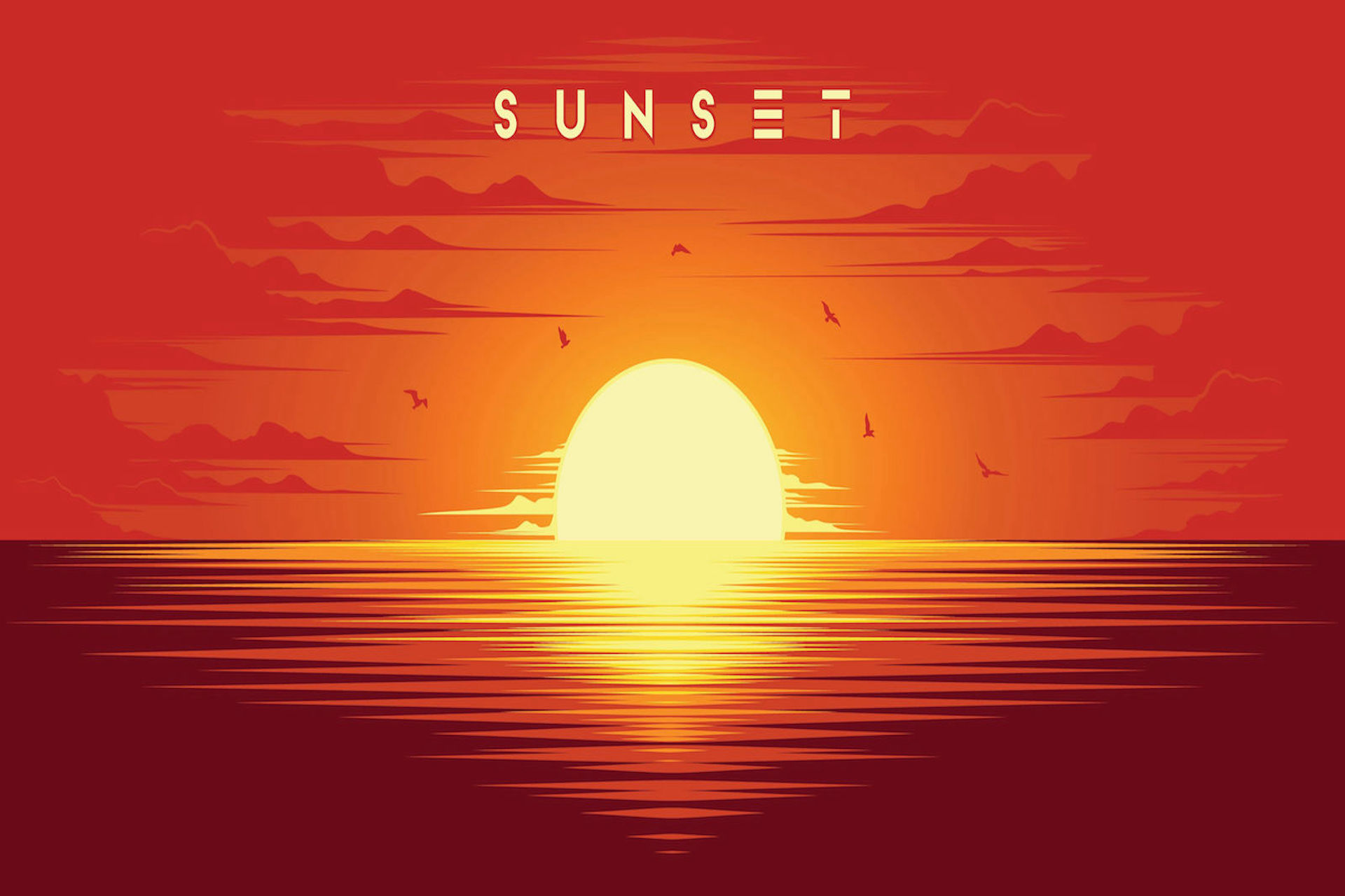 Illustration of a vibrant sunset over a calm ocean, with the sun partially below the horizon. Birds are silhouetted against an orange sky, and the word SUNSET is displayed above, inviting you to supercharge your wanderlust and envision destinations where travel rewards turn sunsets into unforgettable memories.