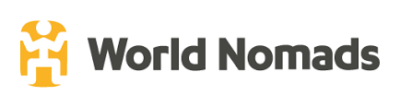 Logo of World Nomads with an abstract orange figure resembling a traveler on the left and the text World Nomads in dark gray to the right, symbolizing peace of mind against flight fiascos or lost luggage with their trusted travel insurance.