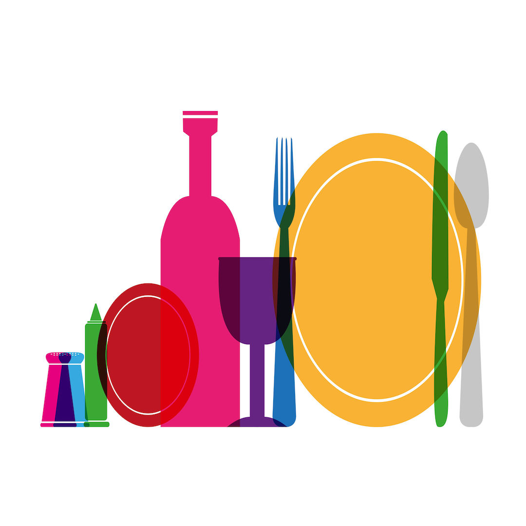 Abstract illustration of a colorful dining set: a fork, knife, and spoon beside a yellow plate; a red wine glass in front of a pink bottle; a red circle resembling a plate; and green and pink re-useable condiment shakers on the left, all overlapping. Perfect for an eco-friendly party vibe.