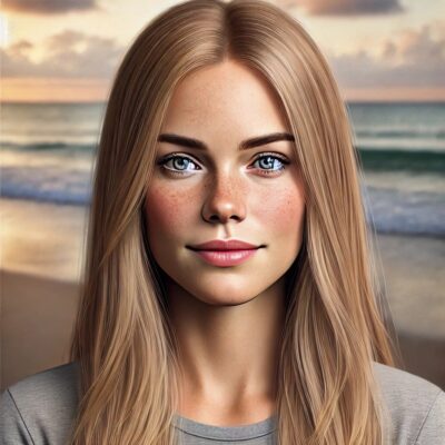 A digital portrait of a woman with long blonde hair and blue eyes, subtly smiling amidst a dating dilemma. Her freckled face contrasts her gray top, set against a beach sunset that reflects the colorful sky, breaking free like waves crashing at dusk.