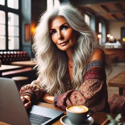 A woman with long, gray hair sits at a wooden table in a cozy cafe, pondering a dating dilemma on her laptop. She wears a patterned blouse and holds a cup of coffee. Large windows let in natural light, creating a warm atmosphere.