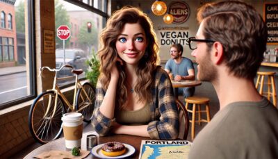 A woman with wavy hair and large blue eyes sits at a café table, smiling across at a man. A donut and coffee are in front of her, sparking conversation topics for their first date. The café has a cozy atmosphere, with a bicycle outside and a sign reading Vegan Donuts on the wall.