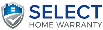 Logo of Select Home Warranty featuring a shield with a house icon and a checkmark, symbolizing secure home investment, next to the company name in bold blue and gray letters.