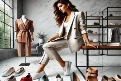 A woman in a light-colored suit sits on a table in a stylish showroom, showcasing chic shoes perfect for long days standing. Around her are various comfy options, including sneakers, heels, and sandals. A mannequin in a tan outfit stands next to a large window with lush greenery outside.