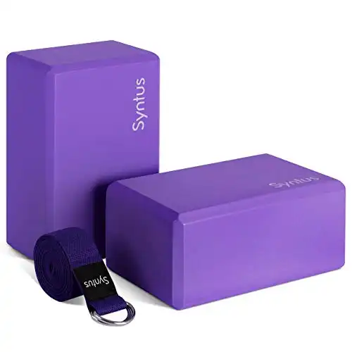 Syntus Yoga Block and Yoga Strap Set, 2 EVA Foam Soft Non-Slip Yoga Blocks 9 6 4 inches, 8FT Metal D-Ring Strap for Yoga, General Fitness, Pilates, Stretching and Toning, Purple