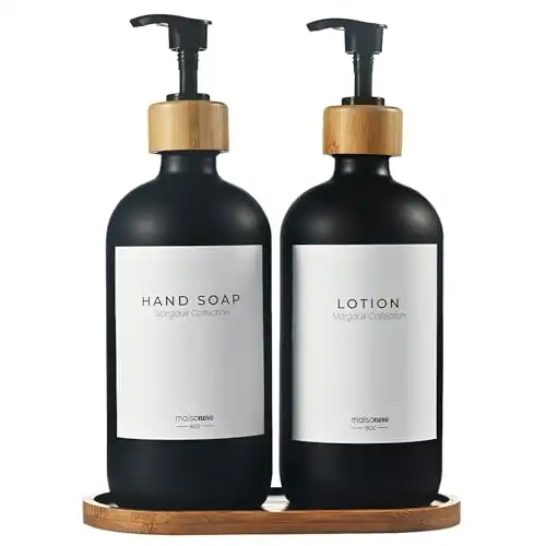 MaisoNovo Soap Dispenser Set with Tray | Bamboo Glass Black Set x 2