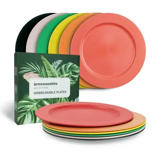 greenandlife 10inch/6pcs Dishwasher & Microwave Safe Wheat Straw Plates, Alternative for Plastic Plates, Lightweight Reusable Unbreakable Dinner Plates, Non-toxin, BPA Free for Kids Toddlers &...