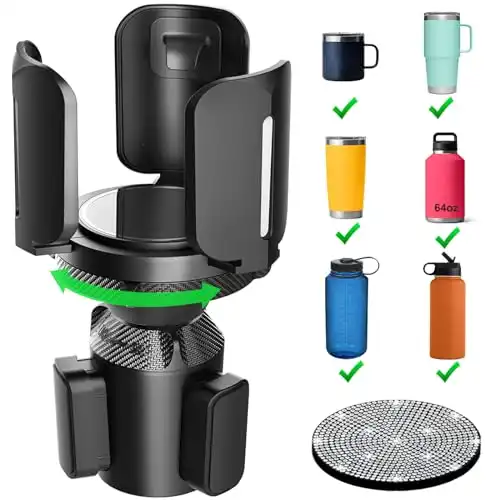 Upgraded 64oz Large Cup Holder Expander with Coaster for Car, Expandable Cup Holder Adapter with Adjustable Base, Universal Compatible with Yeti, Hydro Flasks, Camelbak, Other Big Bottles Mugs Drinks