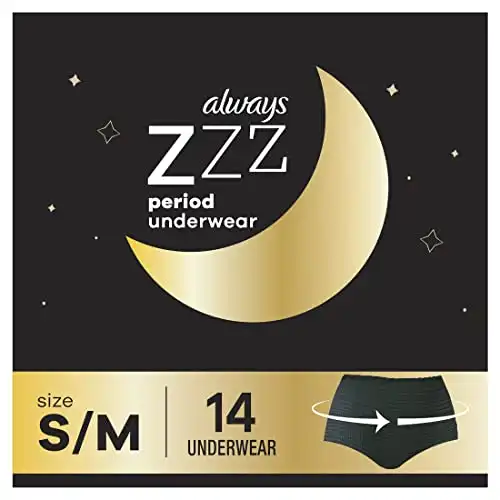 Always Zzzs Overnight Disposable Period Underwear For Women, Size Small/Medium, Black Period Panties, Leakproof, 7 Count x 2 Packs (14 Count total)