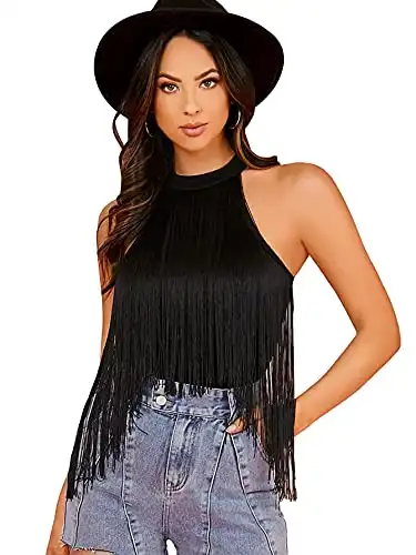 Verdusa Women's Fringe Trim Sleeveless Bodycon Halter Bodysuit Top Black XL