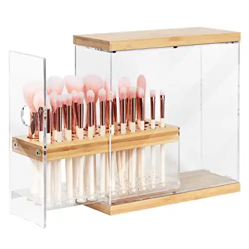 JACKCUBE DESIGN Transparent 29 Holes Bamboo Makeup Brush Holder Organizer Beauty Cosmetic Display Stand with Transparent Drawer (Transparent, 8.77 x 3.38 x 8.46inches)