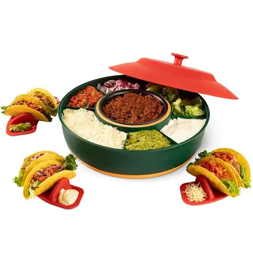 Taco Tuesday Kit - Taco Bar Serving Set for a Party - 30oz Heated Pot, 4 Taco Holders, & Detachable Lazy Susan Tray - Taco Night Fiesta Unique Couple & Housewarming Gift Set Ideas