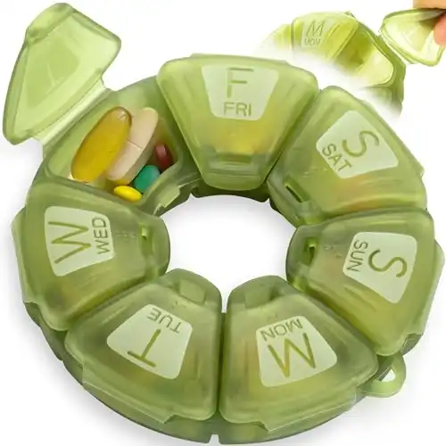 Round Weekly Pill Organizer, TPU Rubberized, Travel Pill Container 7 Day, with 7 Large Compartments, Great for Daily Vitamins & Supplements, Cute Pill Case with Large Letters and Braille (Olive)