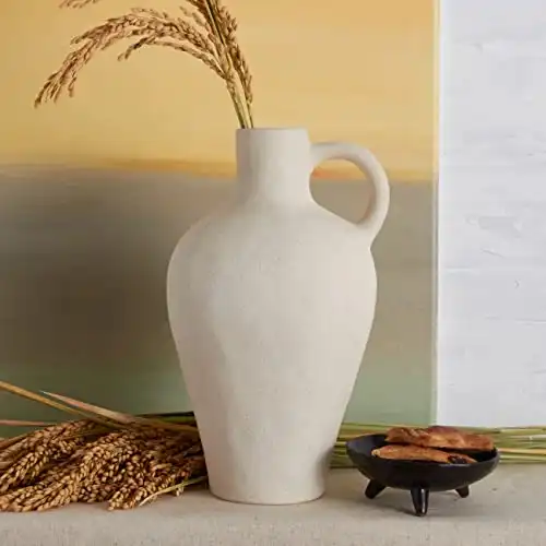 Ceramic White Vase BlossoME 10" Height Decor for Home,Stoneware Living Room Centerpiece Jug,Rustic Farmhouse and Vintage Pottery Gifts Matte with Handle