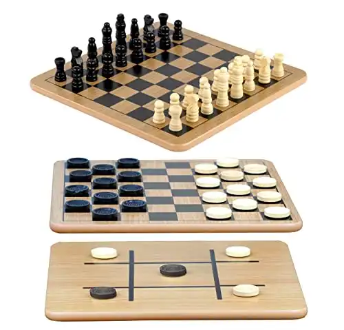 Regal Games-Reversible Wooden Board for Chess, Tic-Tac-Toe&Checkers for Kids and Adults-32 Pcs Wooden Chess and 24 Pcs Checkers Set-Ideal for Fun Game Night-Portable and Classic Table Game (Ages 8...