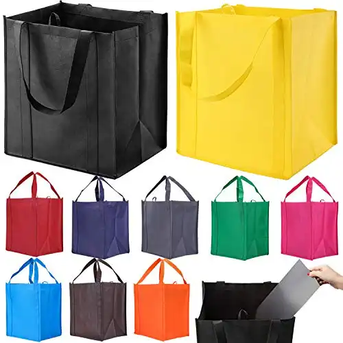 NERUB 10 Pack Reusable Reinforced Handle Grocery Bags Heavy Duty Large Shopping Totes with Thick Plastic Bottom can hold 40 lbs