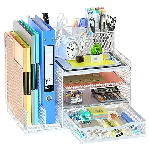 VIVSOL Desk Organizer with Mesh File Holder, 4-Tier Office Supplies Desk Accessories with Sliding Drawers & Pen Holder, Desk File Storage for Office, School, Home, White