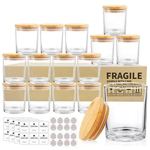 SUPMIND 15 Pack Glass Candle Jars -7oz Clear Empty Candle Jars with Bamboo Lids and Labels, Bulk Candle Containers Jars for Making Candles Dishwasher