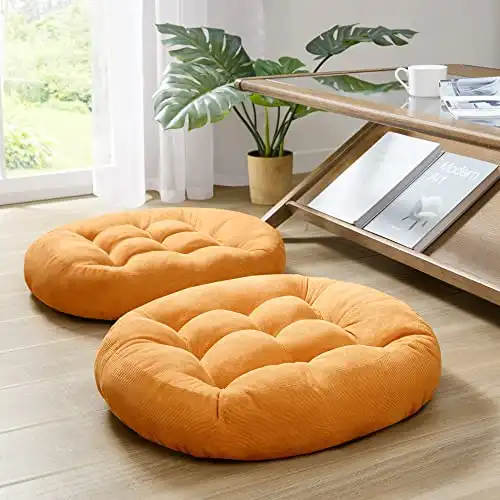 Floor Cushion Pillow Set of 2, Round Large Pillows Seating for Adults, Tufted Corduroy Floor Cushions for Living Room Tatami, Orange Yellow, 22 Inch