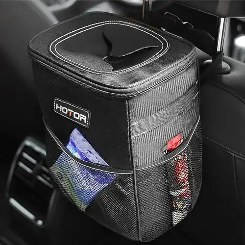 HOTOR Car Trash Can with Lid and Storage Pockets 100% Leak-Proof Organizer, Waterproof Garbage Can, Multipurpose Trash Bin for Car, 2 Gallons, Black