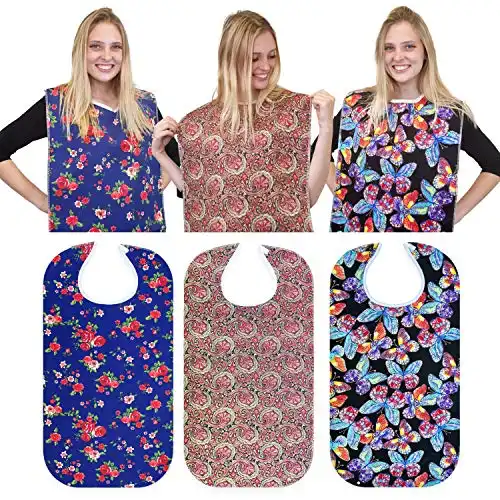 RMS 3 Pack Adult Bib Washable Reusable Waterproof Clothing Protector with Optional Crumb Catcher and Vinyl Backing 34 X18 (Butterfly/Blue Rose/Heritage)