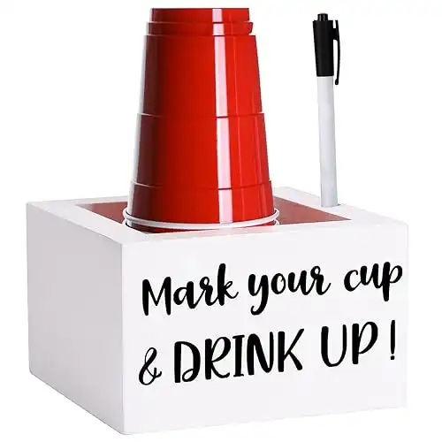 Single Cup Holder with Marker Slot Party Cup Dispenser Mark Your Cup and Drink Up Cup Holder Drink Dispensers for Parties Housewarming Hostess Gift Cup Holder Countertop 2 Sides Designs