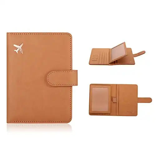 Deziliao Passport and Vaccine Card Holder Combo, PU Leather Passport Holder with Vaccine Card Slot, Passport Wallet for Men and Women (Brown-fly)