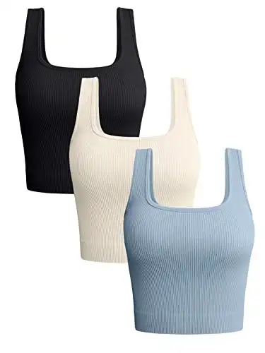 OQQ Women's 3 Piece Tank Tops Ribbed Seamless Workout Exercise Shirts Yoga Crop Tops Black Beige Blue