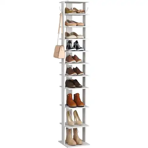 HOMEFORT 10-Tier Vertical Shoe Rack, Corner Shoe Tower, Slim Shoe Organizer with Two Hanging Hooks, Wooden Shoe Storage Stand for Entryway, Hallway, Closet (White)