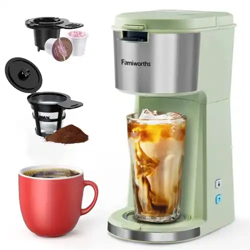 Famiworths Iced Coffee Maker, Hot and Cold Coffee Maker Single Serve for K Cup and Ground, with Descaling Reminder and Self Cleaning, Iced Coffee Machine for Home, Office and RV,Matcha Green