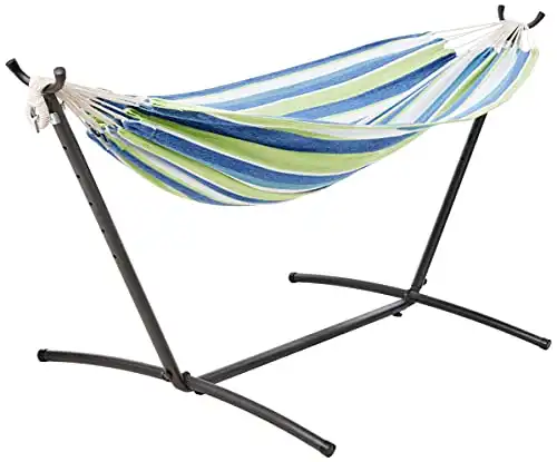 Amazon Basics Double Hammock with 9-Foot Space Saving Steel Stand and Carrying Case, 450 lb Capacity, Oasis Stripe, 110 x 47 x 43 inches