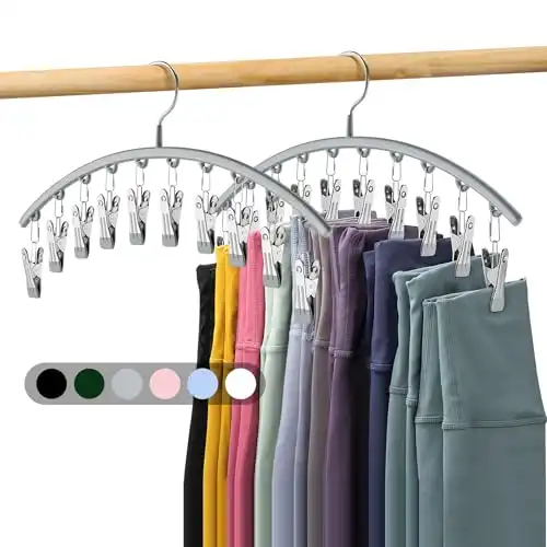 Volnamal Legging Organizer for Closet, Metal Yoga Pants Hanger w/Rubber Coated 2 Pack w/10 Clips Hold 20 Leggings, Hangers Space Saving Hanging Closet Organizer for Closet Organizers and Storage-Grey