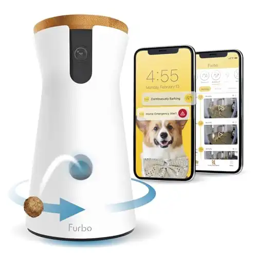 Furbo 360 Dog Camera + Dog Nanny w/Smart Alerts (Paid App Subscription Required): Home Emergency & Dog Safety Alerts | 360 Rotating Dog Tracking, Treat Toss, Night Vision, 2-Way Audio, Bark Al...