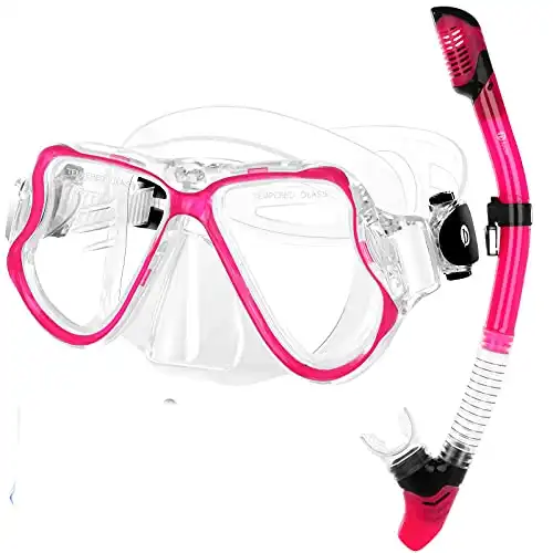 JARDIN Dry Snorkel Set, Panoramic Wide View Snorkel Mask, Anti-Fog Tempered Glass Diving Mask, Free Breathing& Easy Adjustable Strap Scuba Mask, Professional Snorkeling Gear for Adults (Pink)