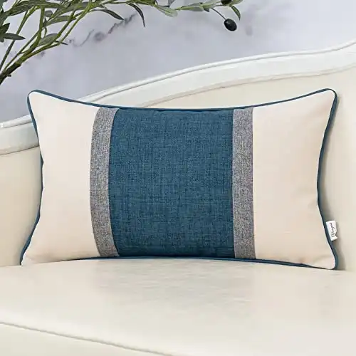 Yangest Blue Patchwork Throw Pillow Cover Luxury Burlap Cushion Cover Rectangle Pillowcover for Sofa Couch Bedroom Living Room Home Decor, 12x20 Inch