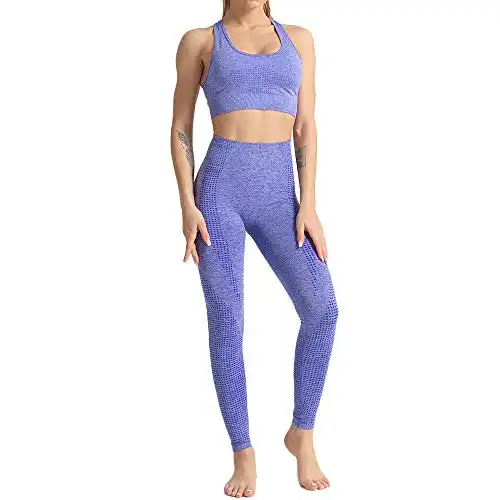 WodoWei Women 2 Piece Workout Outfits Sports Bra Seamless Leggings Yoga Gym Activewear Set (YO610-blue-L)