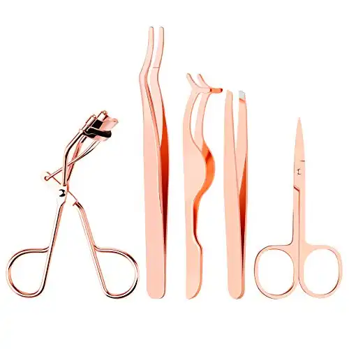 Yiwoo 5 Pieces Eyelash Applicator Tool False Eyelashes Applicator,Eyelashes Tool,Eyelashes Curlers,Curved Eyelash Curler(Rose Gold