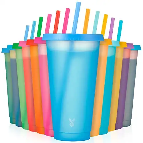 Meoky Plastic Cups with Lids and Straws - 12 Pack 24 oz Color Changing Cups with Lids and Straws Bulk, Reusable Cups with Lids and Straws for Adults Kid Women Party, Cute Cold Cups for Iced Coffee