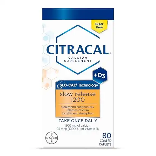 Citracal Slow Release 1200, 1200 mg Calcium Citrate and Calcium Carbonate Blend with 1000 IU Vitamin D3, Bone Health Supplement for Adults, Once Daily Caplets, 80 Count