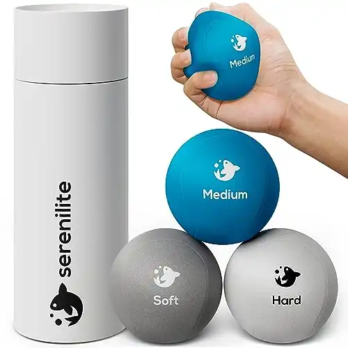 Serenilite 3X Hand Therapy Exercise Stress Ball Bundle for Adults, Grip Strengthening, Tri-Density Squeeze Balls, Hand Grip Strengthener, Soft, Medium & Hard