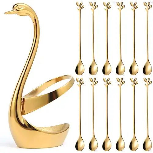 AnSaw Gold Swan Base Holder With 12-Pieces 6.5-inch Small Coffee Spoons, Leaf Handle Set (Gold)