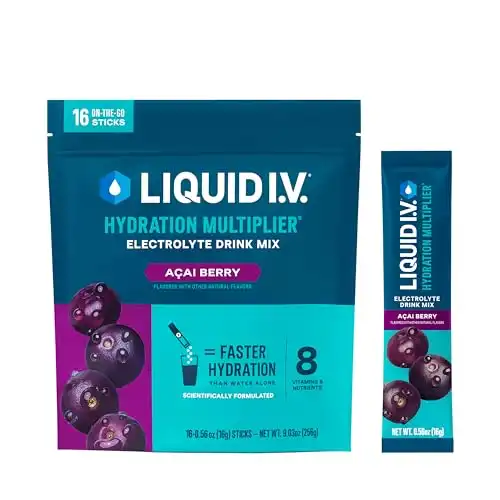 Liquid I.V. Hydration Multiplier - Acai Berry - Hydration Powder Packets | Electrolyte Drink Mix | Easy Open Single-Serving Stick | Non-GMO | 16 Sticks