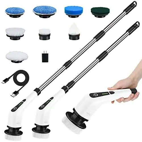 Leebein Electric Spin Scrubber, Cordless Cleaning Brush with 8 Replaceable Brush Heads, Tub and Floor Tile 360 Power Scrubber Dual Speed with Adjustable & Detachable Handle for Bathroom Kitchen Ca...