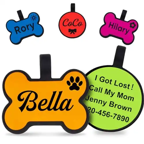 Silicone Dog Tags, Personalized Pet ID Tag for Dog and Cat - Round or Bone Shaped, Deep Engraved, Soft and Durable